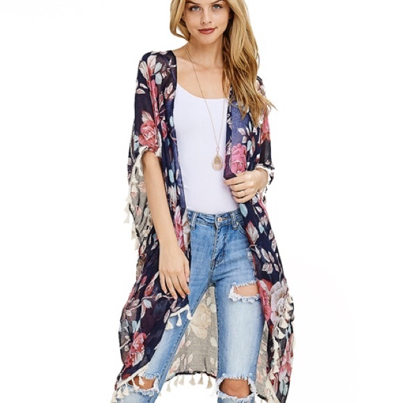 Beautiful Blue Floral Tassel Cardigan! - Picture 2 of 5